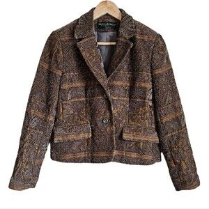 Boxy jacquard brown button lined blazer jacket